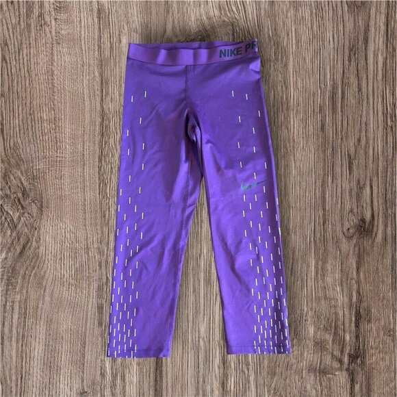 Nike Pro Leggings Womens M Purple Linear Rain Print Reflective Crop Stretch - Picture 1 of 6